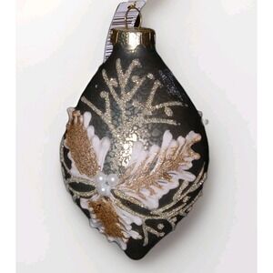 New‎ Christmas Ornament Glass Silver Antiqued Ivory Poinsettia 5.5 in